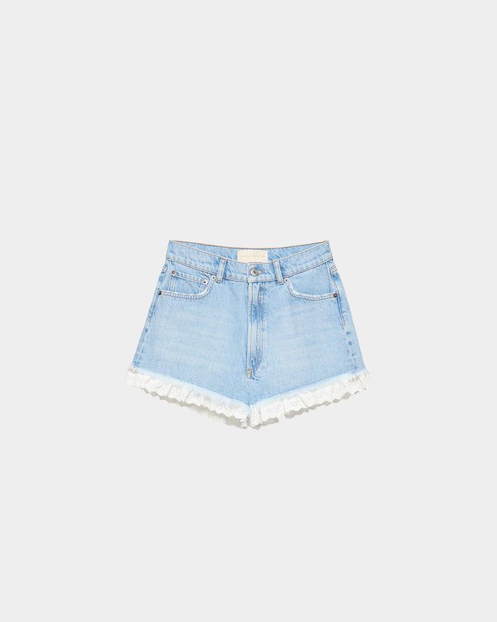 Kay Lace-Trimmed Denim Shorts in light blue denim.