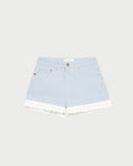 Kay Lace-Trimmed Denim Shorts in blue striped denim.
