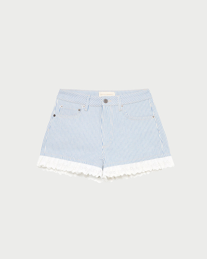 Kay Lace-Trimmed Denim Shorts in blue striped denim.