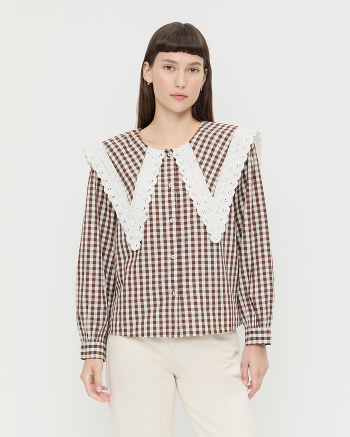 Ken Shirt in brown and cream gingham cotton and Winona Denim Pant in natural denim.