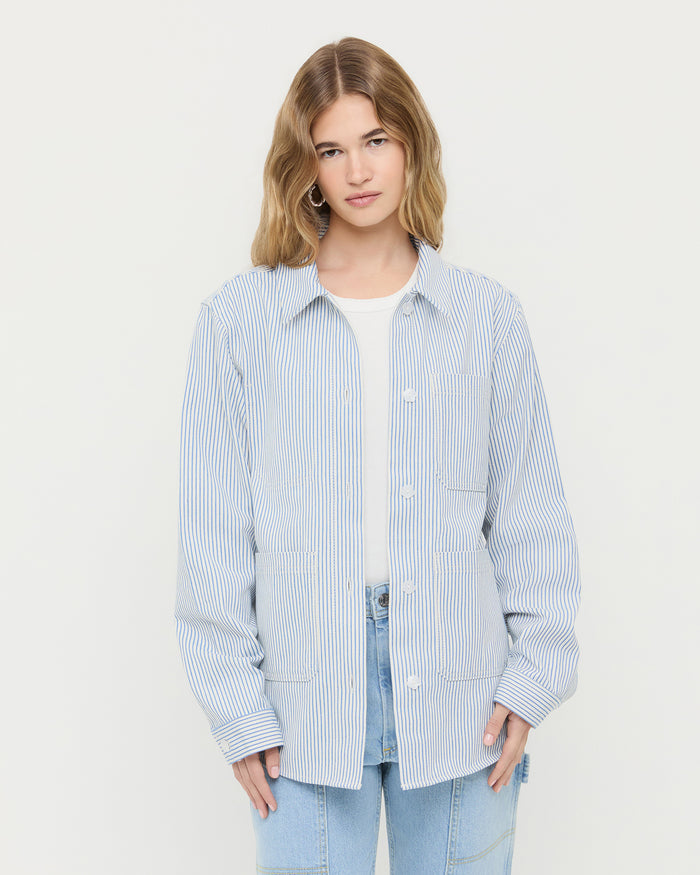 Kennedy Workwear Jacket in blue striped cotton and Molly Workwear Pant in light blue denim.