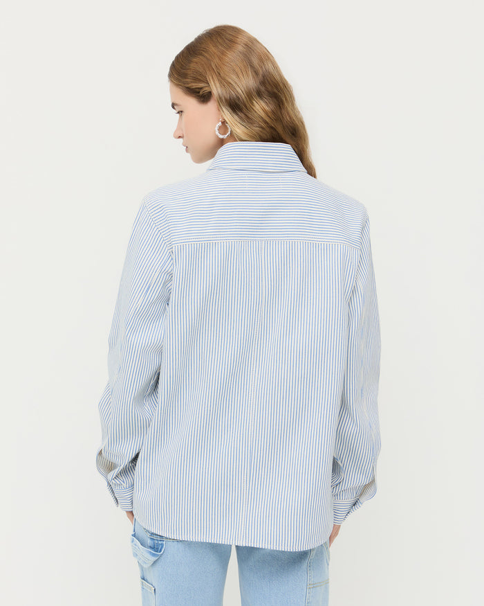 Kennedy Workwear Jacket in blue striped cotton and Molly Workwear Pant in light blue denim.