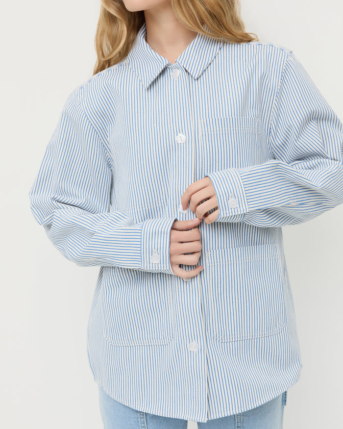 Kennedy Workwear Jacket in blue striped cotton and Molly Workwear Pant in light blue denim.
