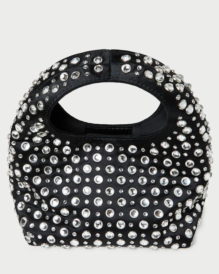 Kenzie Black/Crystal Mini Bag in black satin with crystal accents.