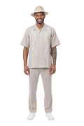 Khaki wave embroidery men's short sleeve walking suit