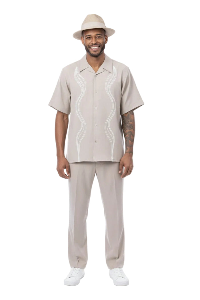 Khaki wave embroidery men's short sleeve walking suit