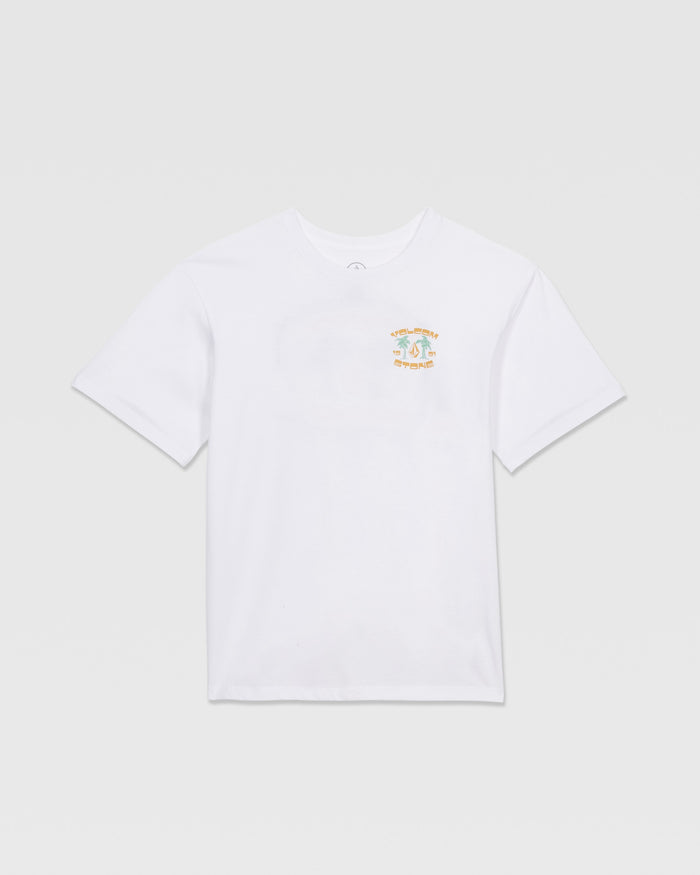 The Volcom Kids' 91 Palm Short Sleeve Tee is a plain white tee with a small, colorful palm embroidery on the left chest—ideal for pairing with loose fit denim or low-rise jeans.