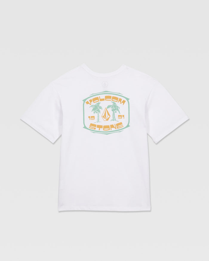The Volcom Kids' 91 Palm Short Sleeve Tee features a large back graphic with two palm trees, the Volcom Stone logo, and “Volcom Stone 1991” in pastel tones—ideal with loose fit denim for an easygoing, stylish vibe.