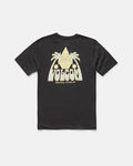 The Volcom Kids' Big Boys' All Seeing Short Sleeve Tee is a black shirt featuring a yellow back graphic of an eye in a pyramid with palm trees and “VOLCOM ORIGINAL STONE CO.” text below.