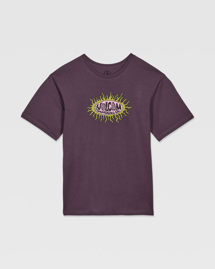 The Volcom Kids' Live Wire Short Sleeve Tee is a purple boys’ relaxed fit top with an eye and yellow flames graphic plus pink VOLCOM text on the chest, made from soft organic cotton. Displayed flat on a white background.