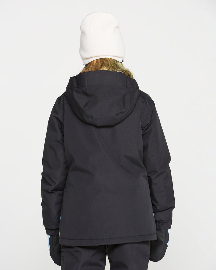 A person is seen from behind against a plain light background, wearing the Volcom Kids’ Sass’N’Frass Insulated Jacket in black, paired with black gloves and a white beanie.
