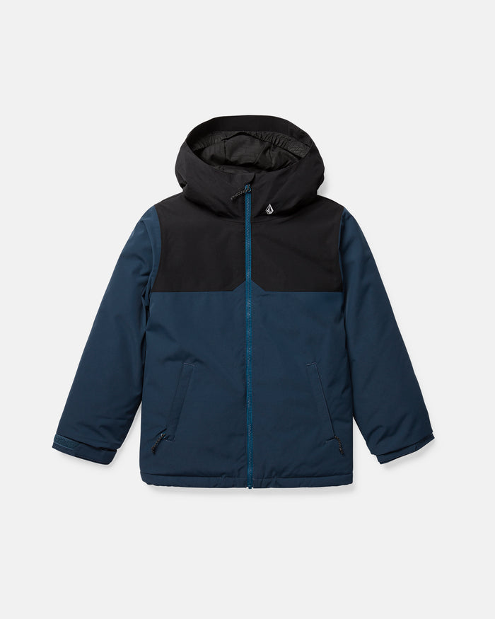 The Volcom Kids’ Youth Stone.91 Insulated Jacket is shown on a white background, featuring a blue body with a black, helmet-ready hood and shoulder section, a front zipper, and two zippered side pockets. It offers 10K/10K V-Science protection and recycled insulation.