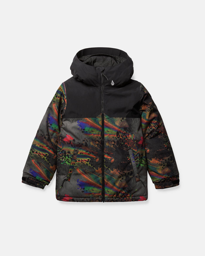The Volcom Kids’ Youth Stone.91 Insulated Jacket is a multicolored hooded winter jacket with black shoulders and abstract patterns in green, orange, red, and blue. Designed as a youth snow jacket, it features recycled insulation for extra warmth and sustainability, plus Grow-Tech technology to accommodate growing kids. The jacket includes side pockets and a front zipper for convenience.