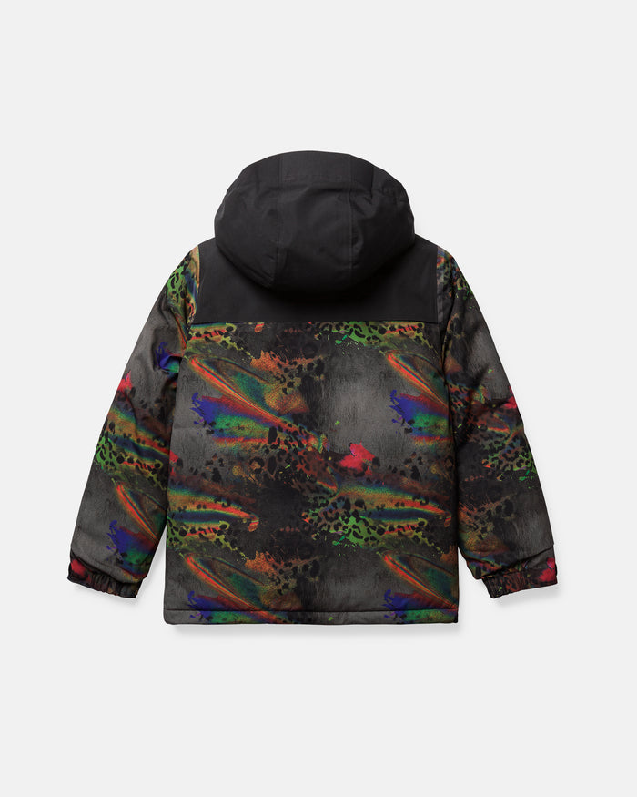 The Volcom Kids’ Youth Stone.91 Insulated Jacket features a black upper section and a vibrant abstract pattern with splashes of green, orange, red, and purple on the back. Designed as a youth snow jacket with recycled insulation for extra warmth, it offers elastic cuffs, a relaxed fit, and Grow-Tech technology to accommodate growing kids.