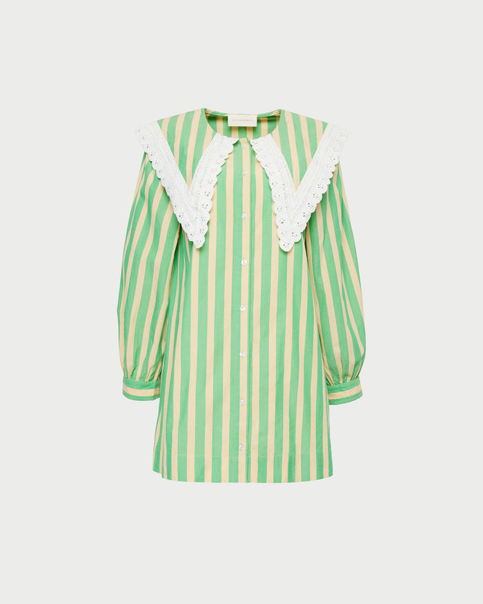 Kieran Dress in green and tan stripe cotton with lace trim.