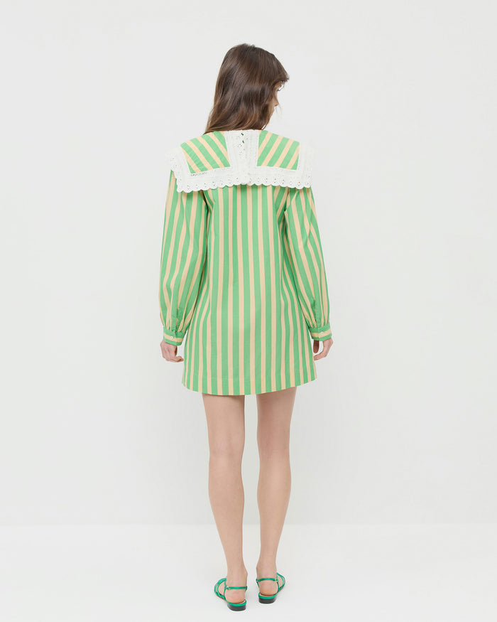 Kieran Dress in green and tan stripe cotton with lace trim and Devon Green Moiré Slingback Sandal.