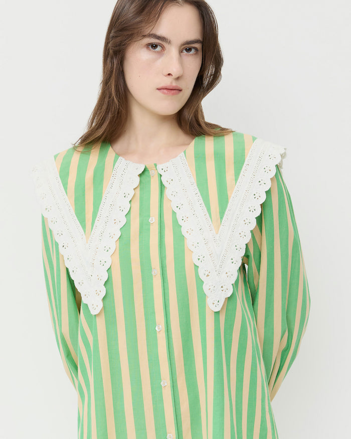 Kieran Dress in green and tan stripe cotton with lace trim.