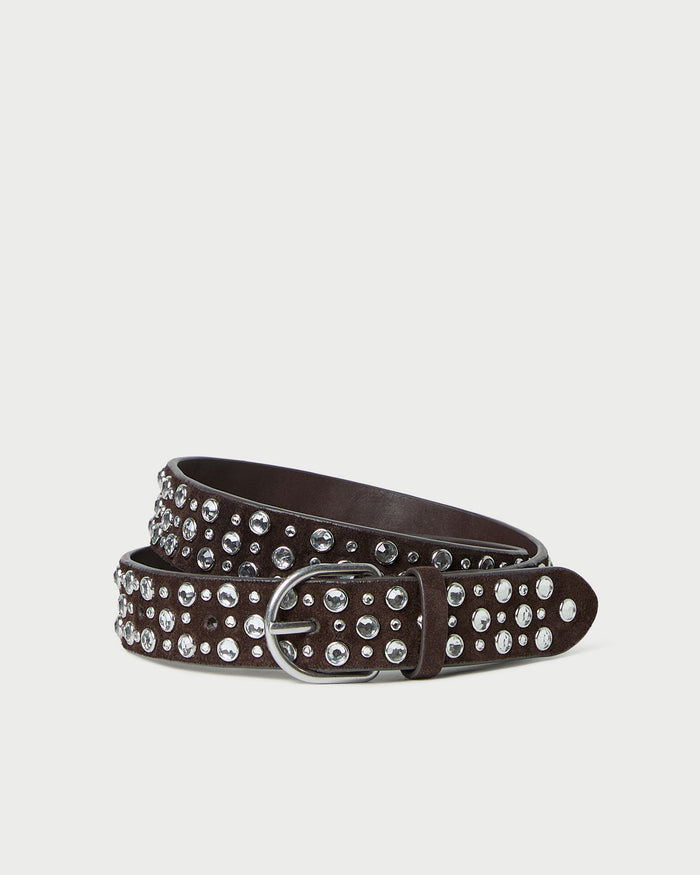 Kip Brown Suede Rhinestone Belt in brown suede with crystal accents.