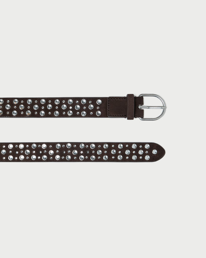 Kip Brown Suede Rhinestone Belt in brown suede with crystal accents.