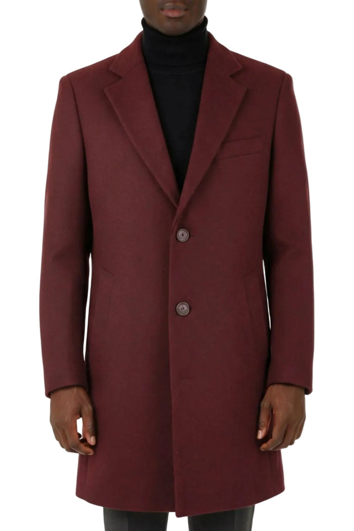 Burgundy men's slim fit wool top coat