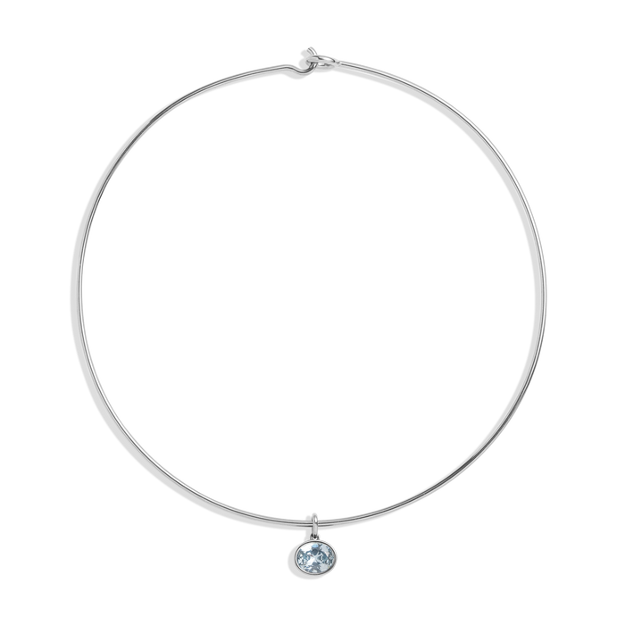 Lab Grown Aquamarine Oval Pendant Collar Necklace Stainless Steel White Gold 15in First