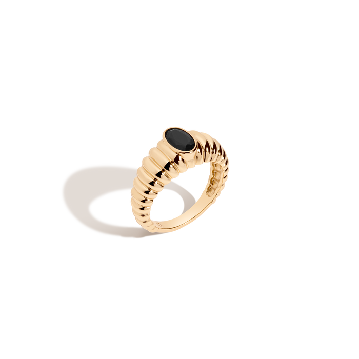Lab Grown Black Sapphire Art Deco Ring Vermeil Yellow Gold