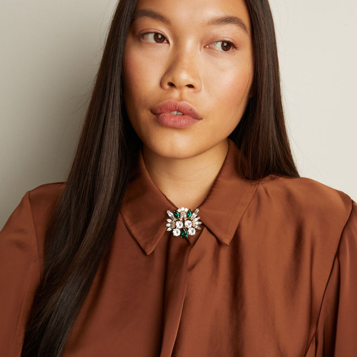 Model. Woman wearing a brown shirt with a decorative brooch on a plain background