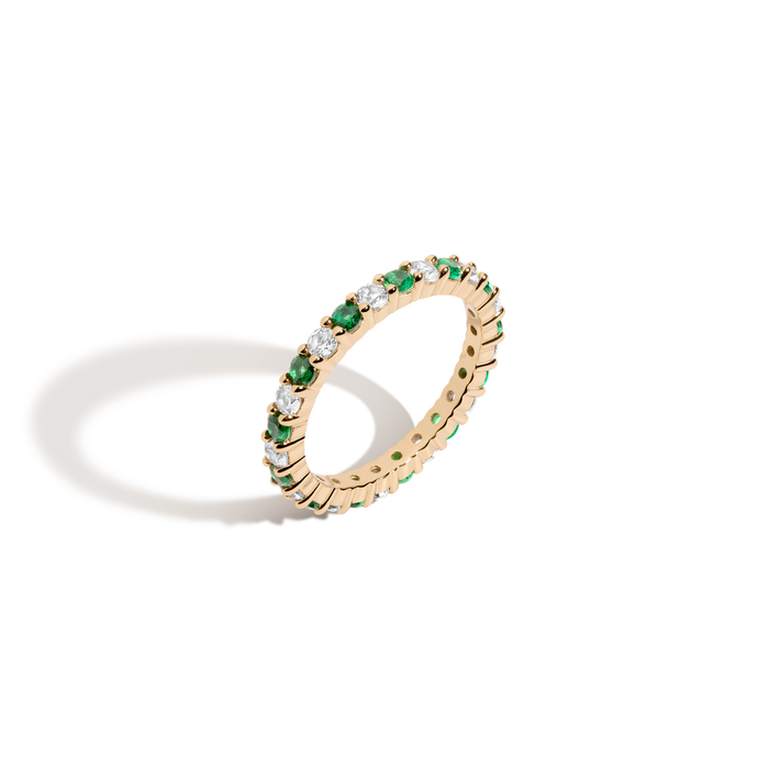 Lab Grown White Sapphire and Green Emerald Alternating Eternity Ring Vermeil Yellow Gold