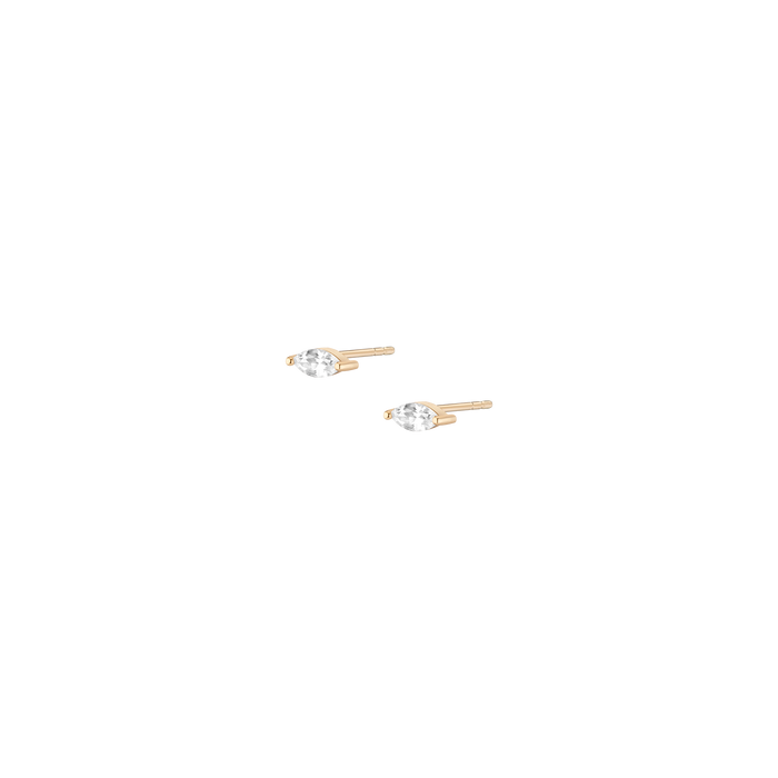 Lab Grown White Sapphire Marquise Stud Earrings Vermeil Yellow Gold First Pair Flatback Butterflyback