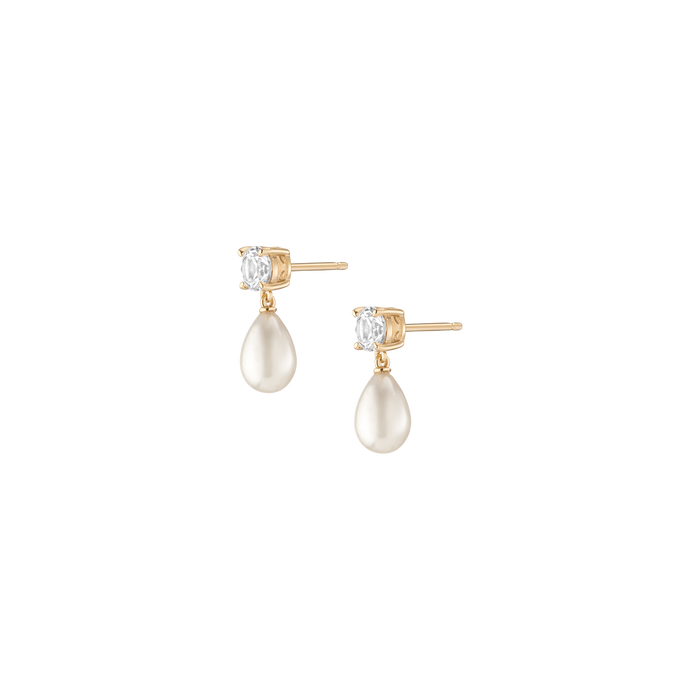 Lab Grown White Sapphire Pearl Drop Earrings Vermeil Yellow Gold