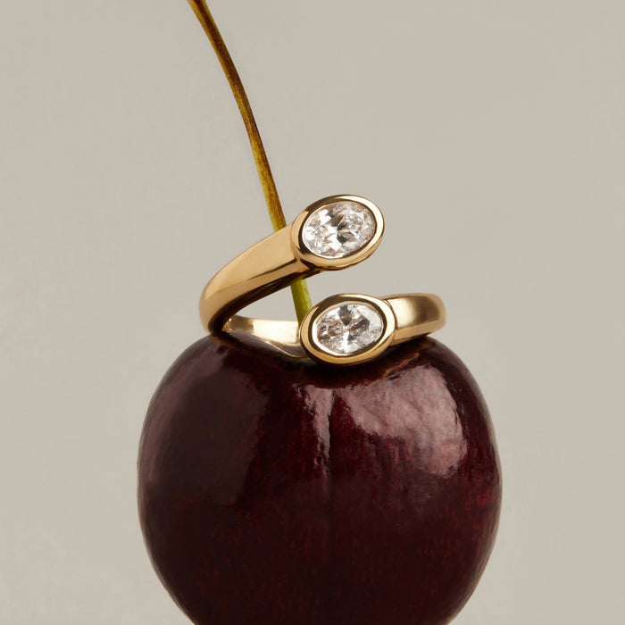 Flatlay  Model. Two gold rings with diamonds on a dark red berry against a neutral background
