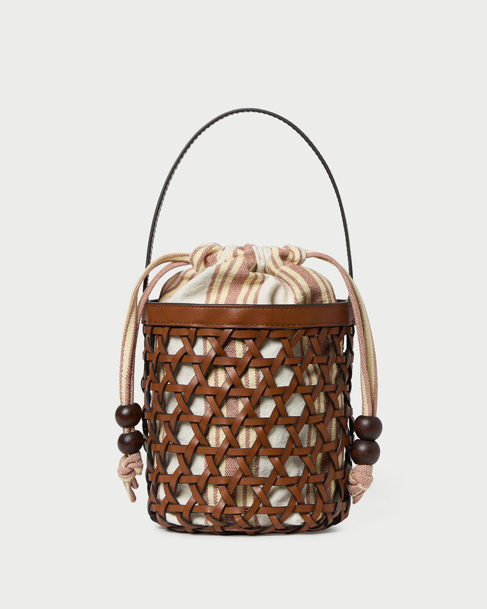 Laith Timber/Butter Bucket Bag with yellow and brown striped canvas and timber brown leather.