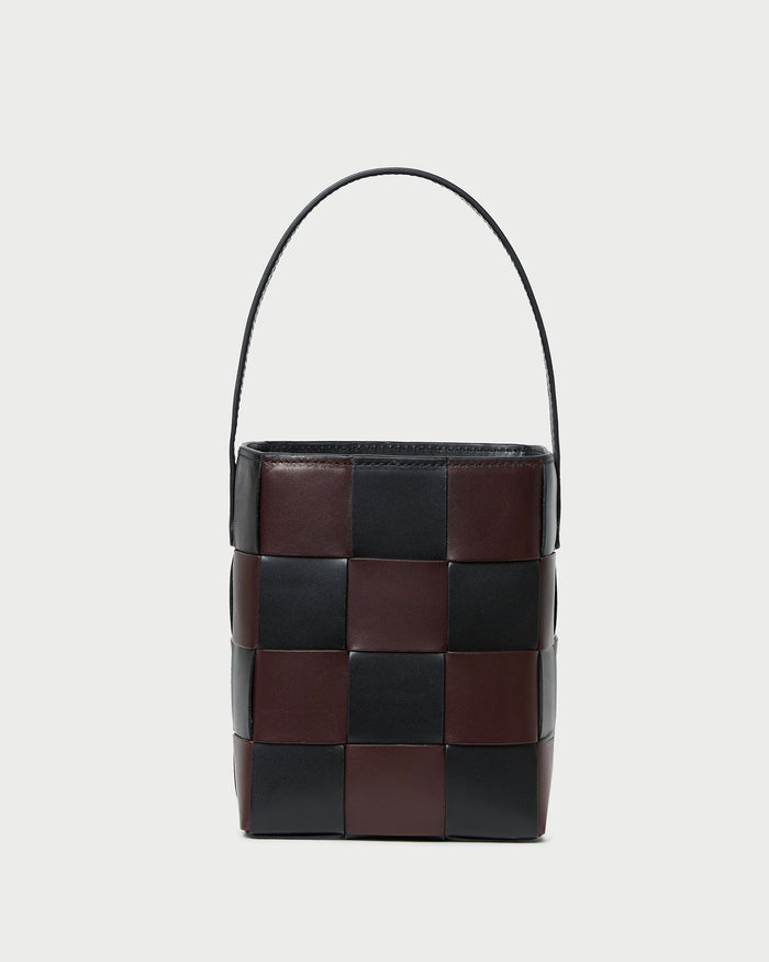 Laith Black/Brown Woven Bucket Bag in brown and black woven leather.