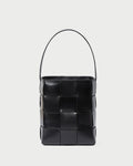 Laith Black Leather Bucket Bag in black woven leather.