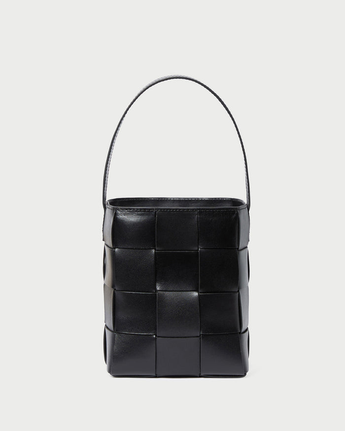 Laith Black Leather Bucket Bag in black woven leather.