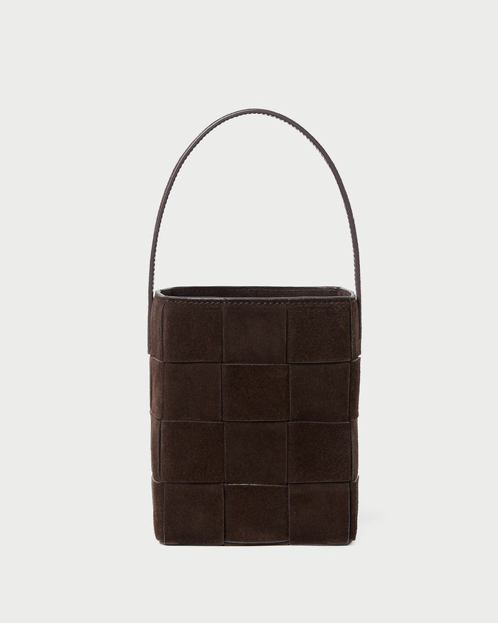 Laith Brown Suede Bucket Bag in brown woven suede.