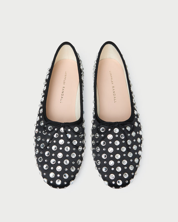 Landon Black/Crystal Ballet Flat in black satin with crystal accents.
