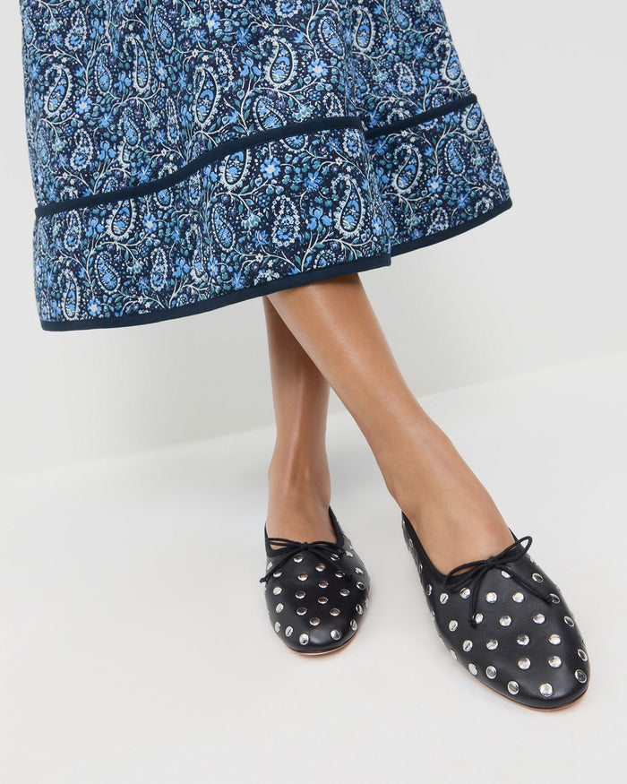 Landon Black/Silver Ballet Flat in black leather and silver stud accents and Ainsley Dress in blue floral paisley cotton.