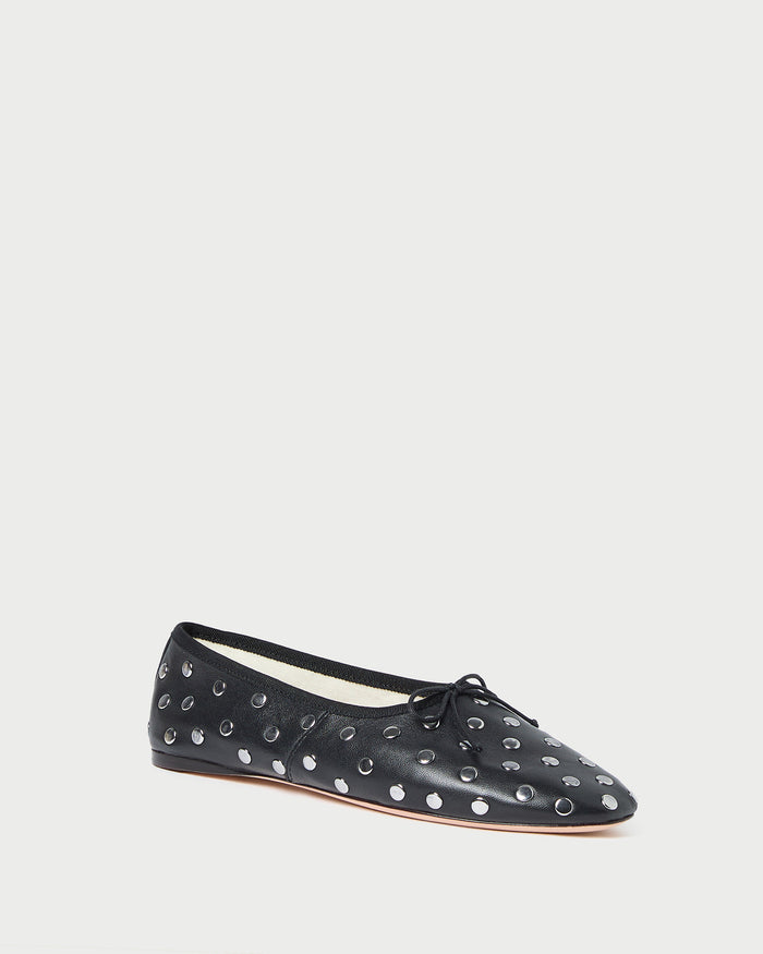 Landon Black/Silver Ballet Flat in black leather and silver stud accents.