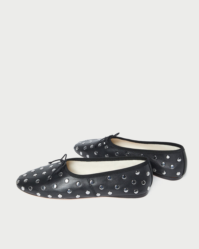 Landon Black/Silver Ballet Flat in black leather and silver stud accents.