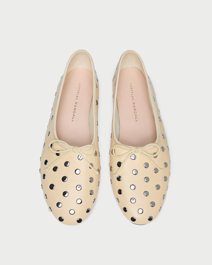 Landon Butter/Silver Ballet Flat in butter yellow leather with silver stud accents.