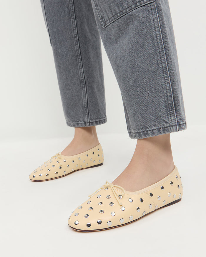 Landon Butter/Silver Ballet Flat in butter yellow leather with silver stud accents and Molly Workwear Jean in grey denim.
