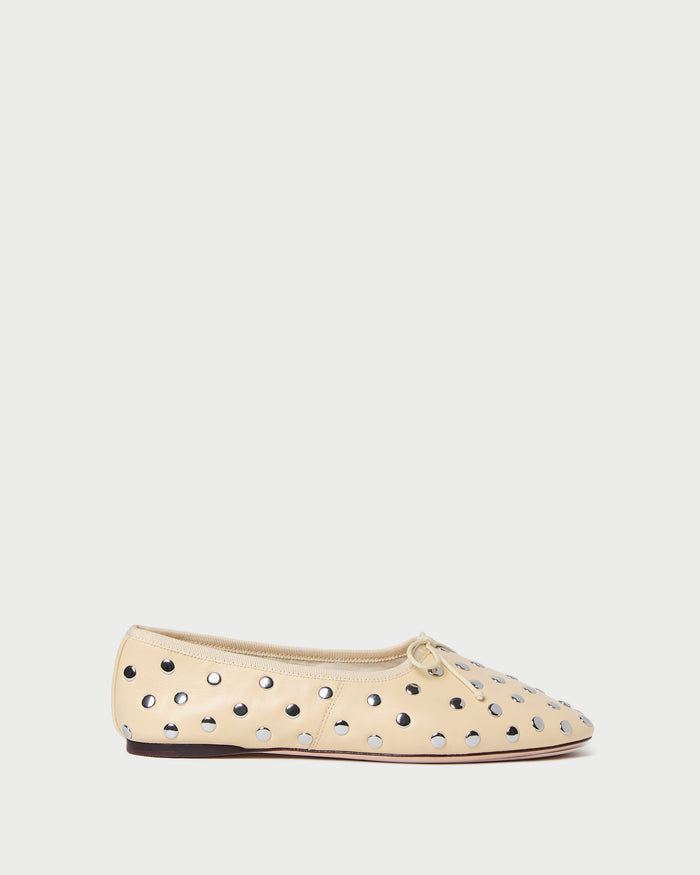 Landon Butter/Silver Ballet Flat in butter yellow leather with silver stud accents.