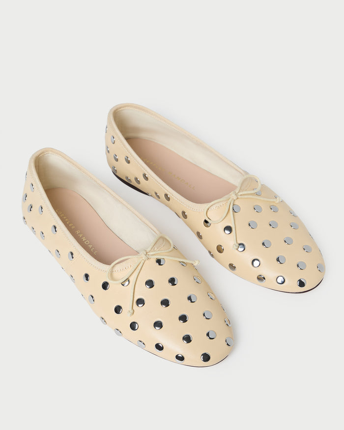 Landon Butter/Silver Ballet Flat in butter yellow leather with silver stud accents.
