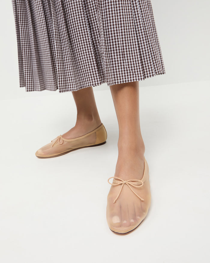 Landon Caramel Mesh Ballet Flat in caramel mesh and Emlyn Midi Skirt in brown gingham cotton poplin.