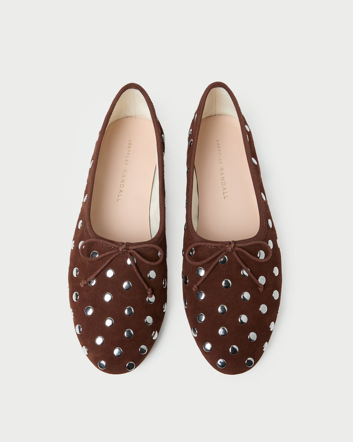 Landon Espresso/Silver Suede Ballet Flat in espresso brown suede with silver stud accents.