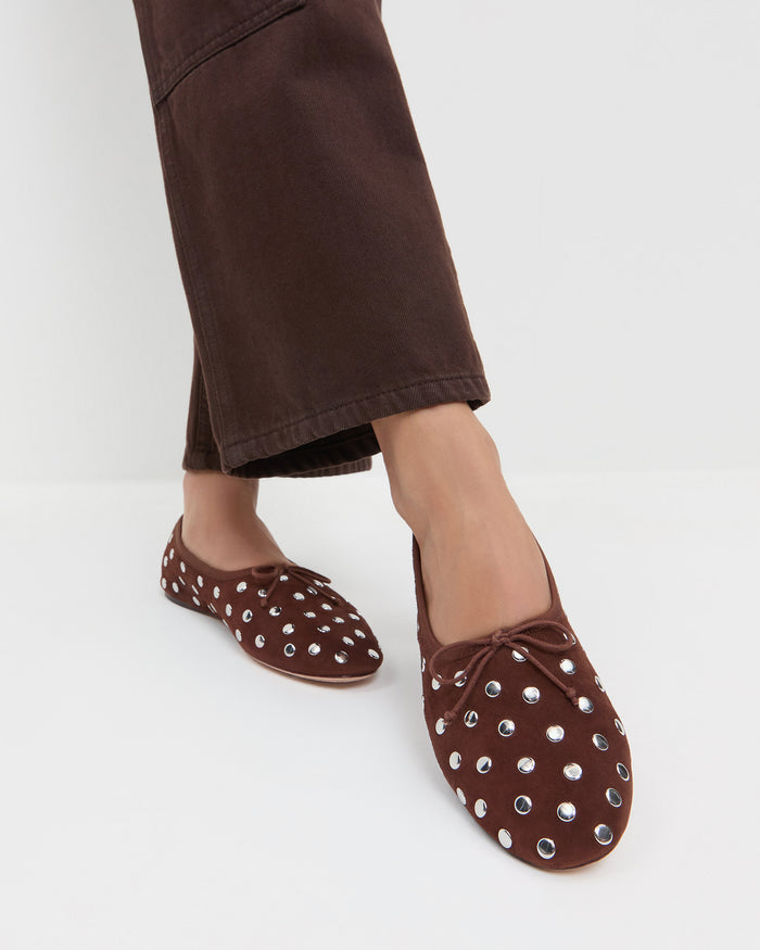 Landon Espresso/Silver Suede Ballet Flat in espresso brown suede with silver stud accents and Molly Workwear Jean in dark brown denim.
