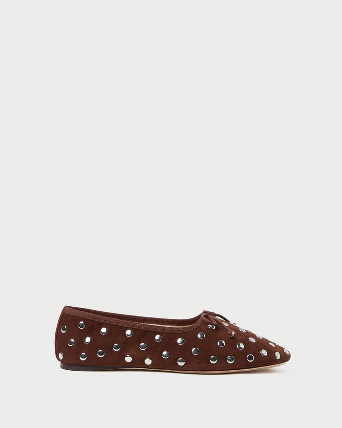 Landon Espresso/Silver Suede Ballet Flat in espresso brown suede with silver stud accents.