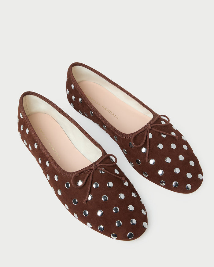 Landon Espresso/Silver Suede Ballet Flat in espresso brown suede with silver stud accents.