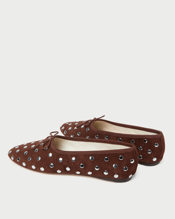 Landon Espresso/Silver Suede Ballet Flat in espresso brown suede with silver stud accents.